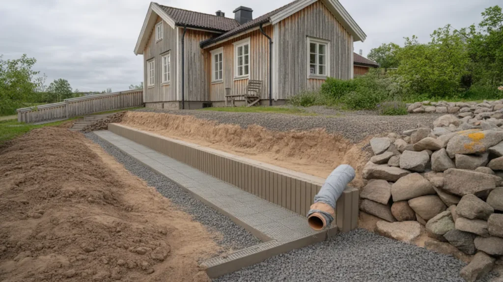 st dmur som h ller i l ngden grundl ggning dr nering och materialval f r din lutande tomt